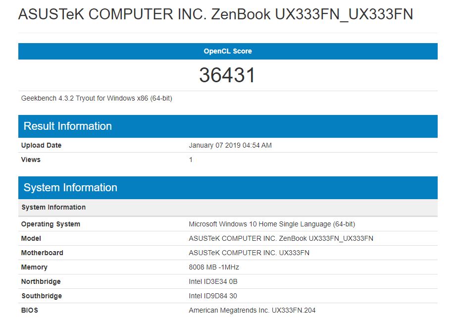 UX333F - Geekbench 4 Intel 620