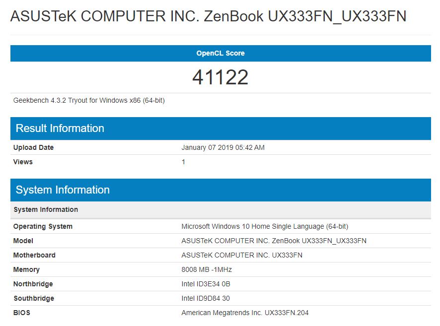 UX333F - Geekbench 4 MX150