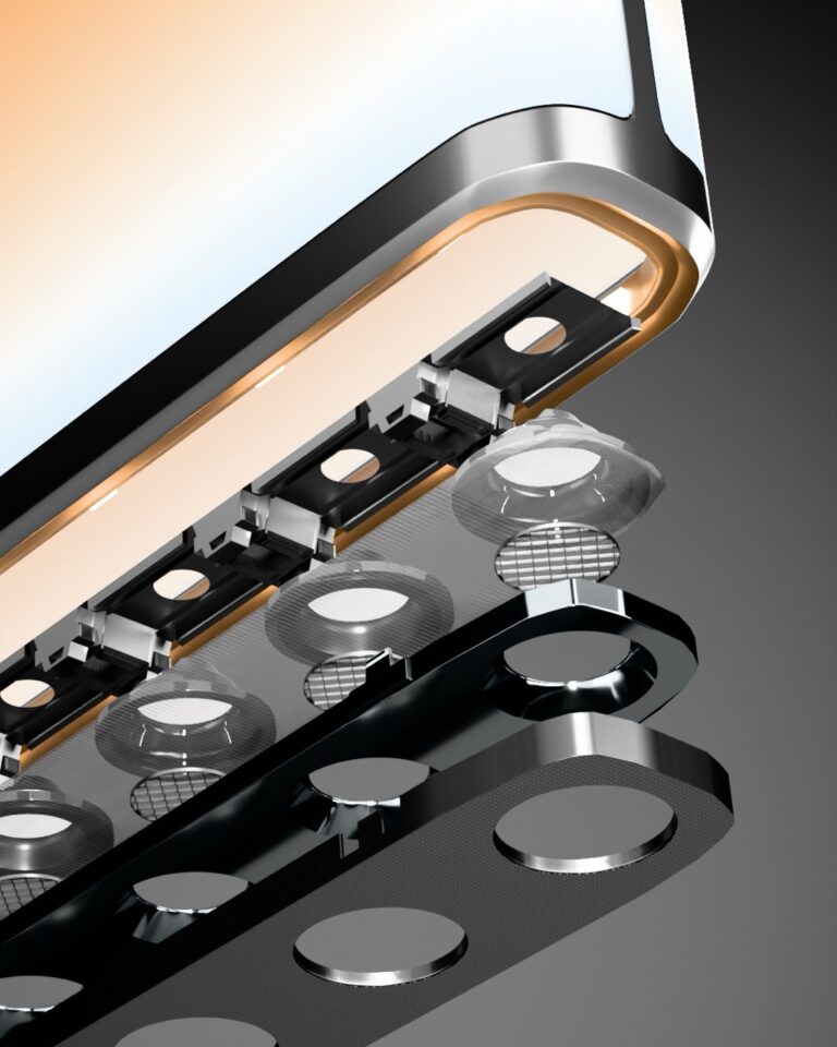 The precision optics system behind FLUX Helios’ balanced illumination. Each layer is meticulously designed to reduce glare and enhance visual comfort.